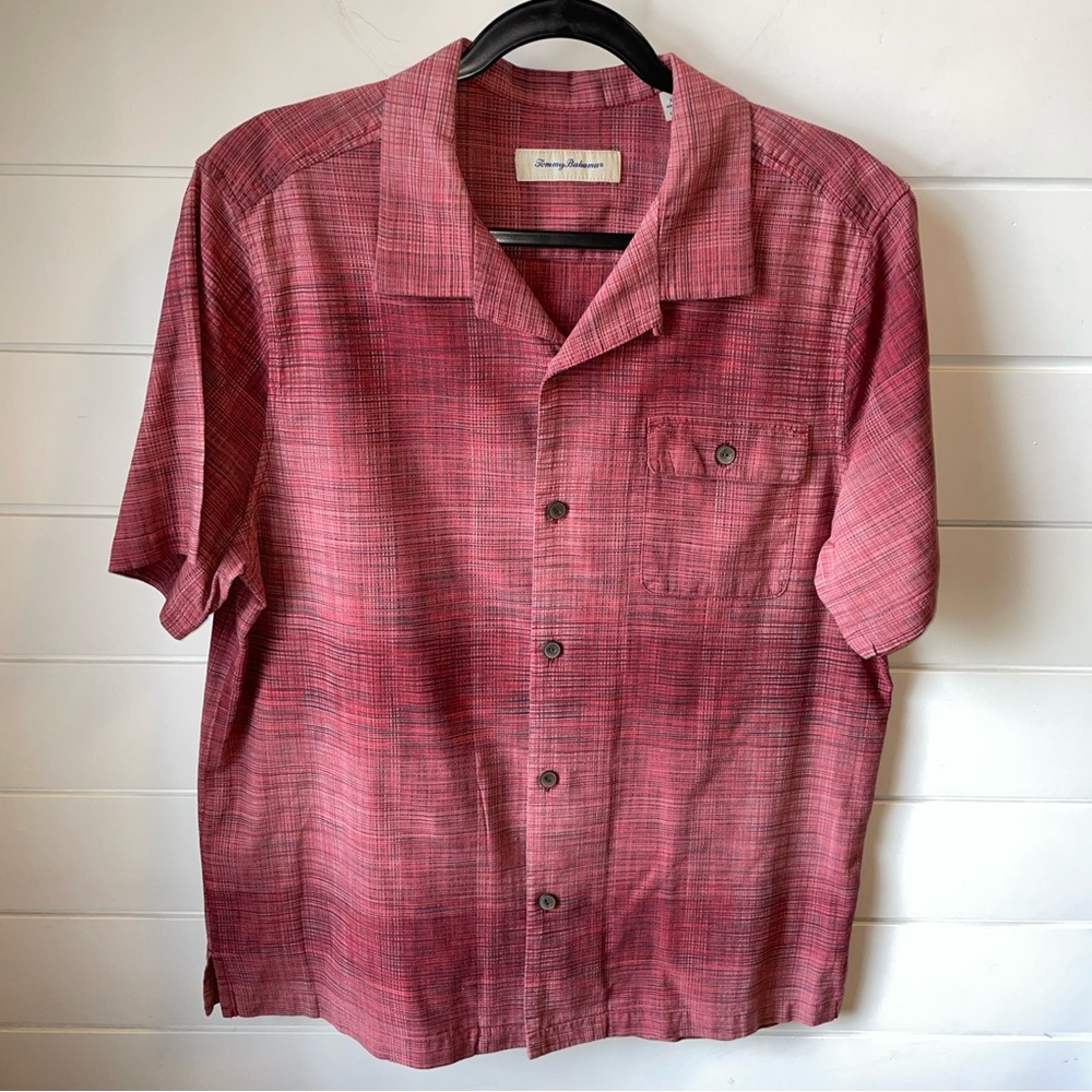 Tommy Bahama Men Size XL Red Silk Hawaiian‎ Beach Striped Short Sleeve Shirt